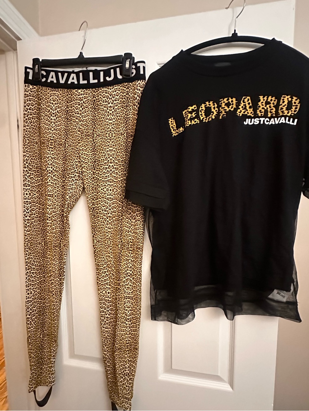Just Cavalli Black Tee with Leopard-Patterned Gold Lettering